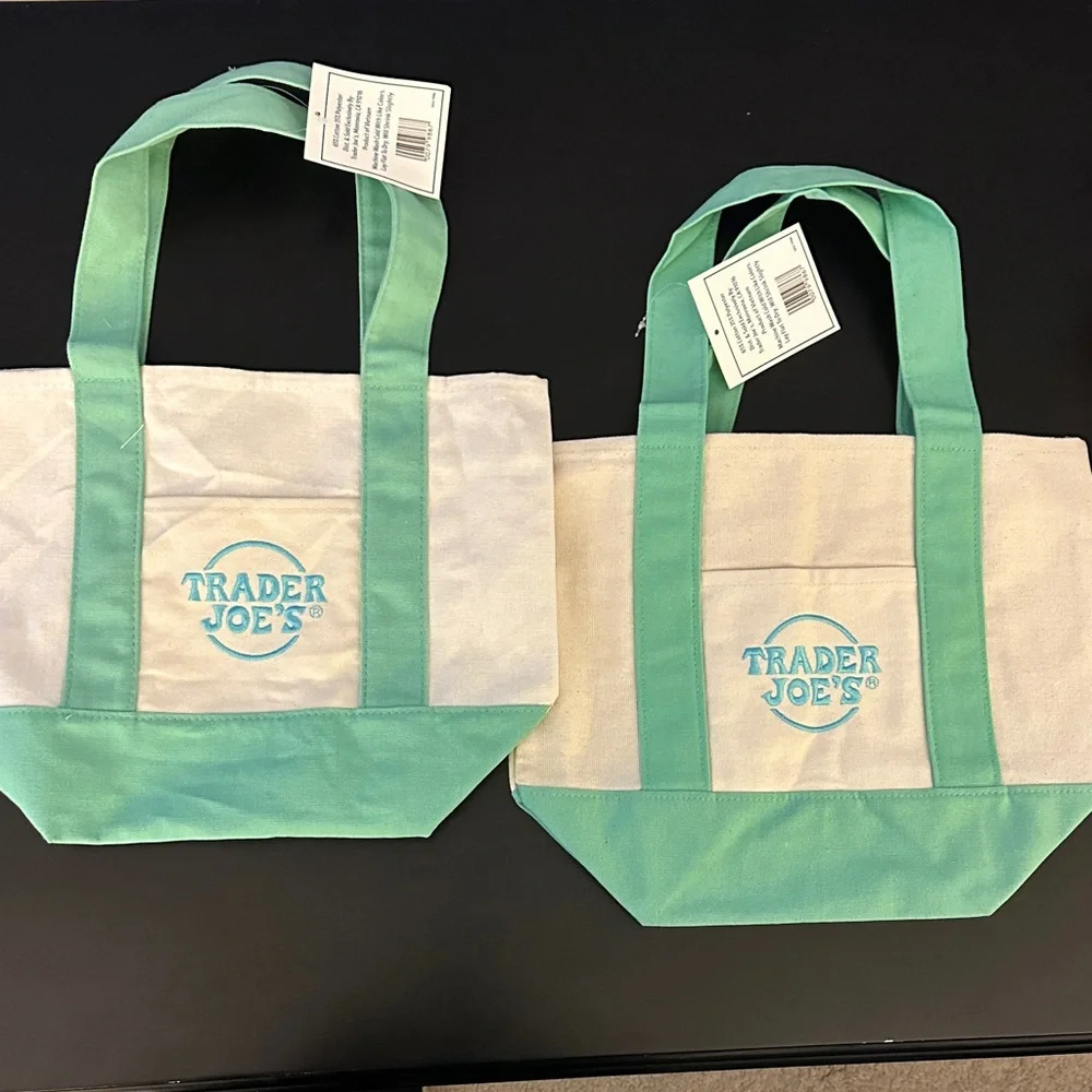2 Viral Trader Joe’s Canvas Tote Bags in Mint Green and Cream Set Bundle